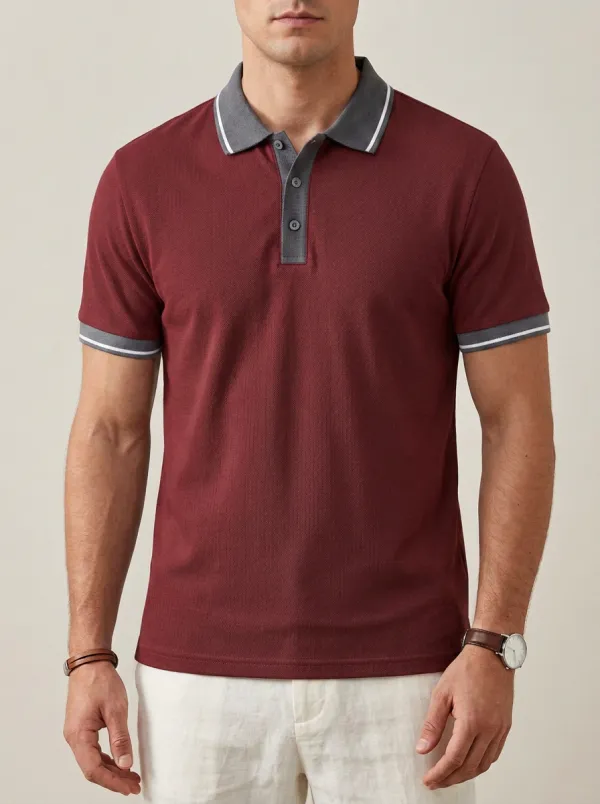 Men's Knit Ribbed Textured Contrast-Collar Tipped-Sleeve Polo Shirt