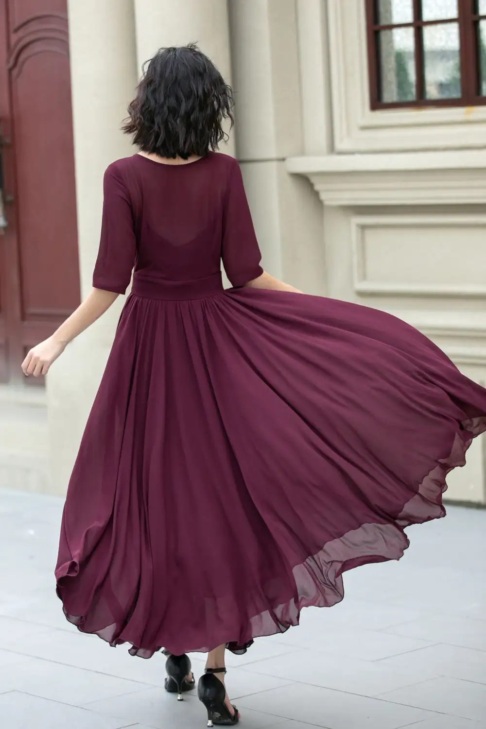 Refined Chiffon Fit And Flare Swing Boat Neck Maxi Dress