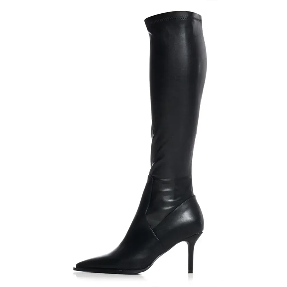 Faux-Leather Pointed-Toe Stiletto-Heel Platform Knee-High Boots