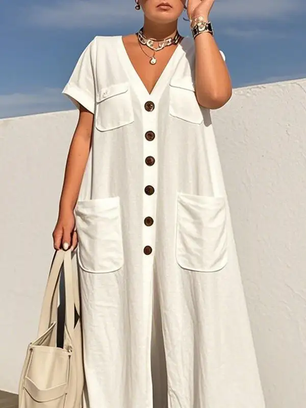 Losse Jumpsuits Met Korte Mouwen Knoopzakken Effen Kleur