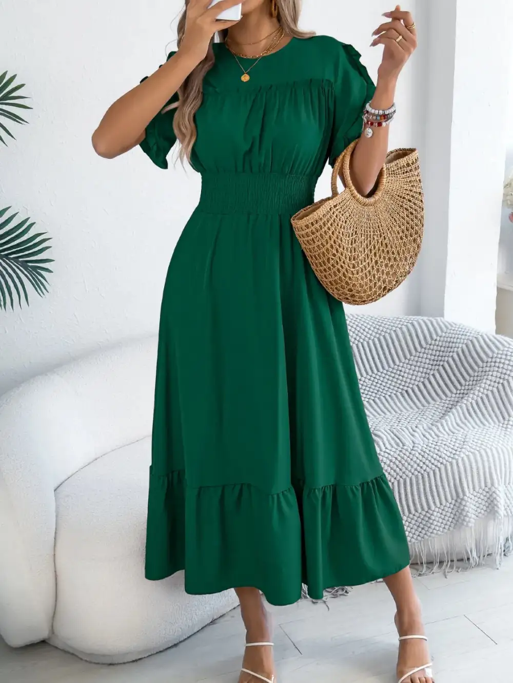 Crew Neck Ruffled Smocked Midi Dress