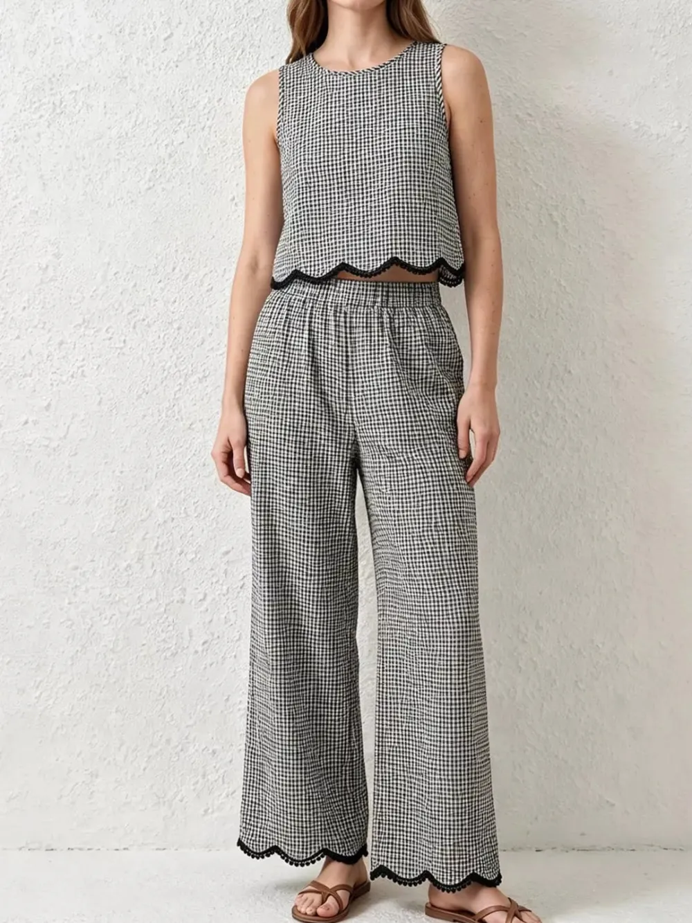 Plaid Scalloped Trim Tank and Pants Set