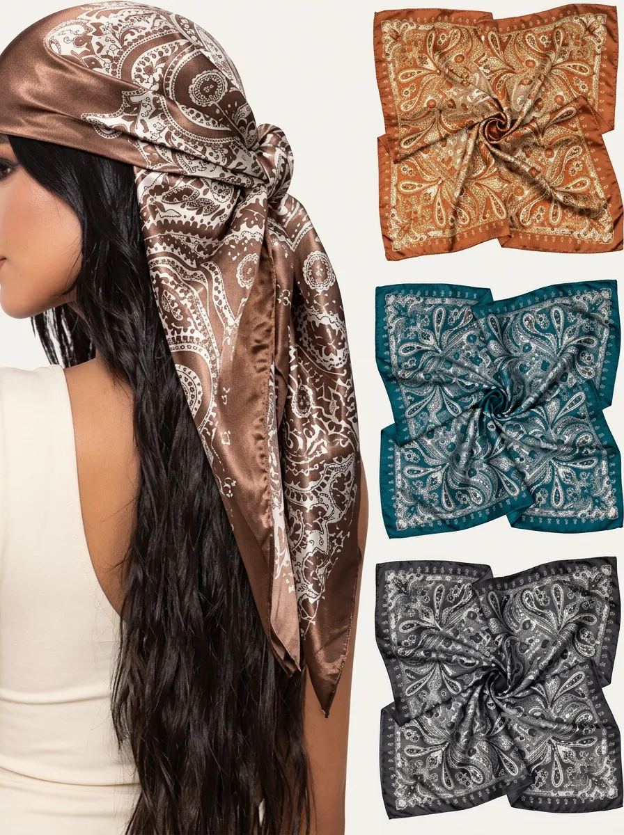 Paisley Satin-Look Three-Piece Bandana Headscarf Set