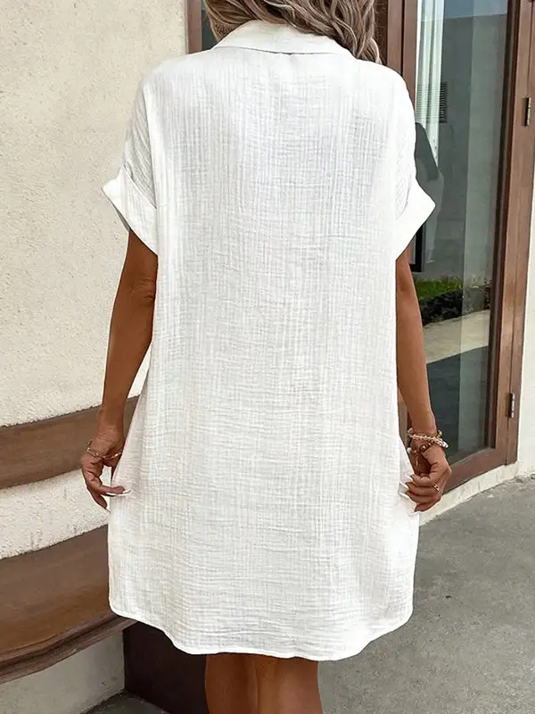 Relaxed Short Sleeve Buttoned Pocket Lapel Mini Dress
