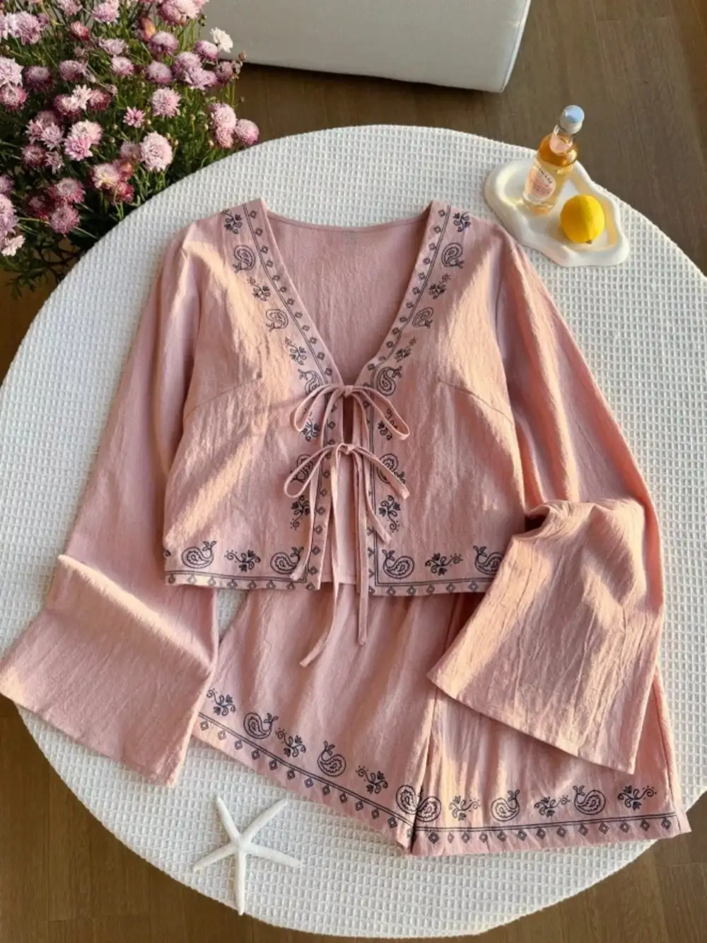 Embroidered Tie Front Top & Shorts Set