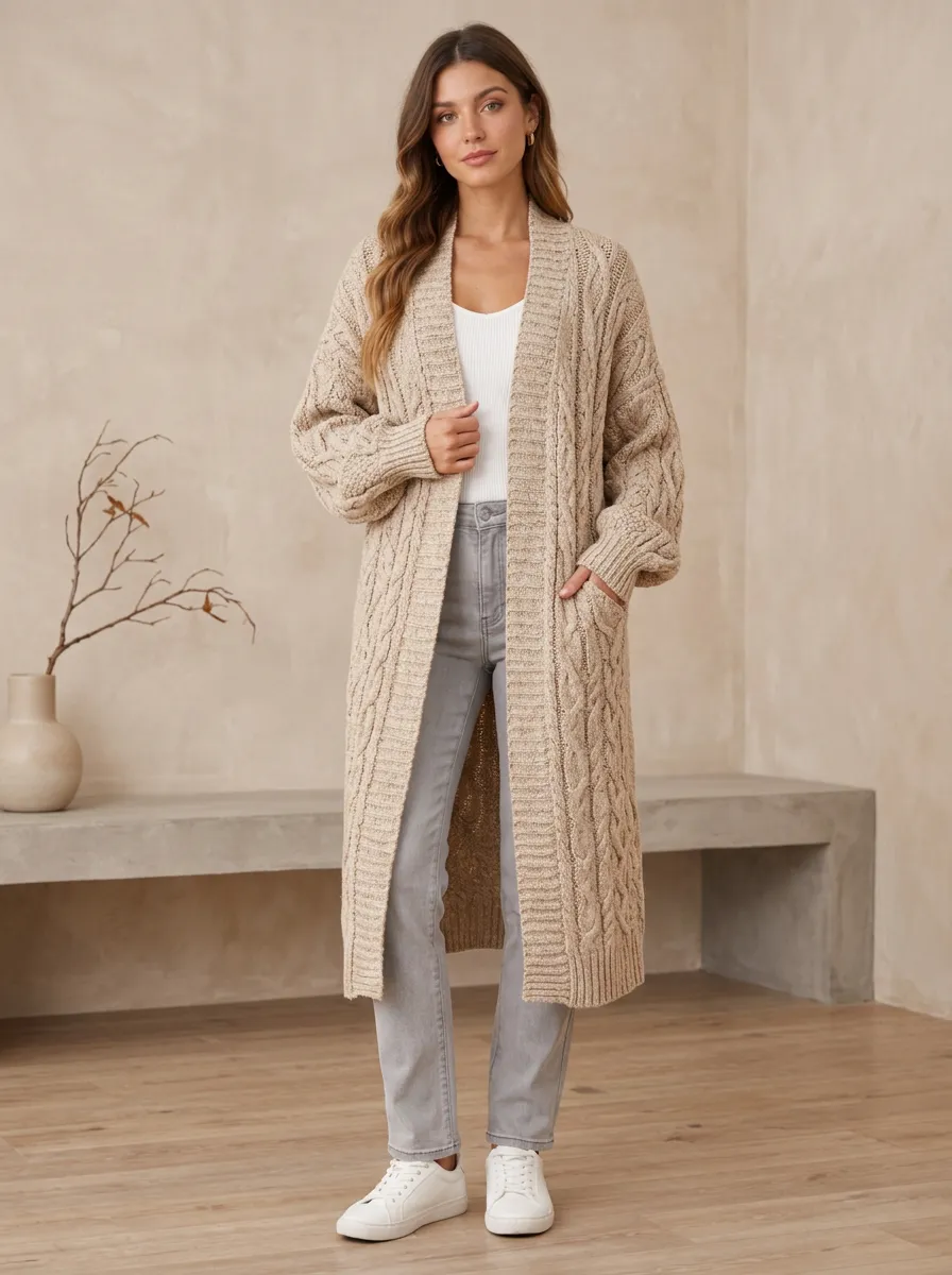 Women's Cable Knit Longline Cardigan Cable-Knit