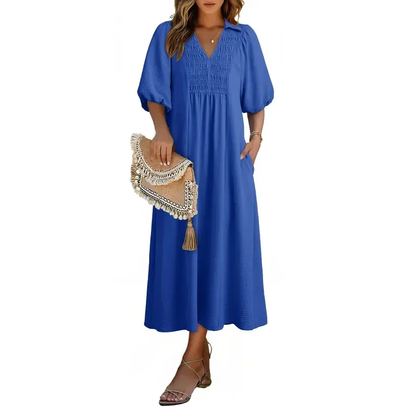 Casual V-neck puff-sleeve high-waist A-line long summer dress