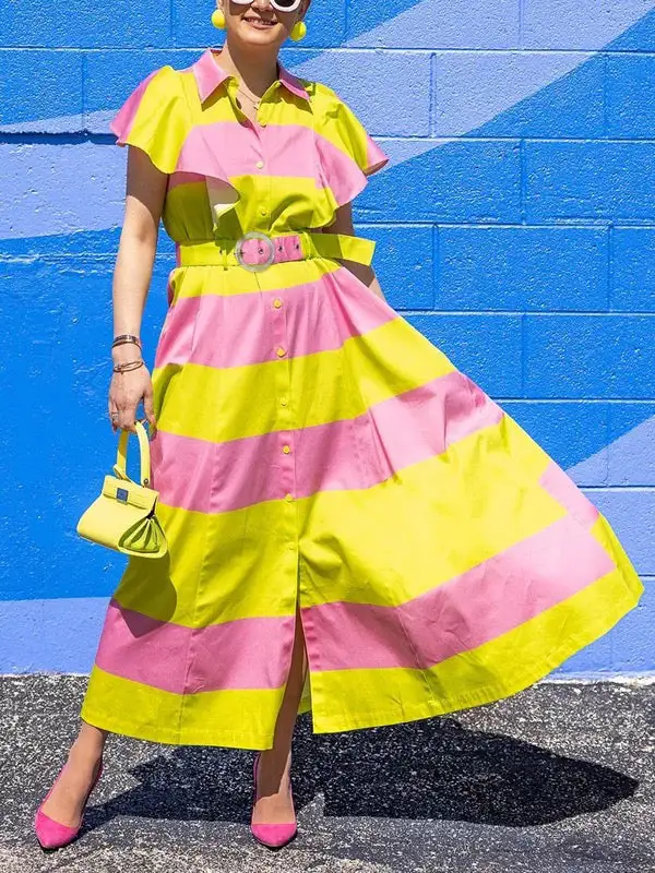 High Pleated Buttoned Belted Shirt Maxi Dress