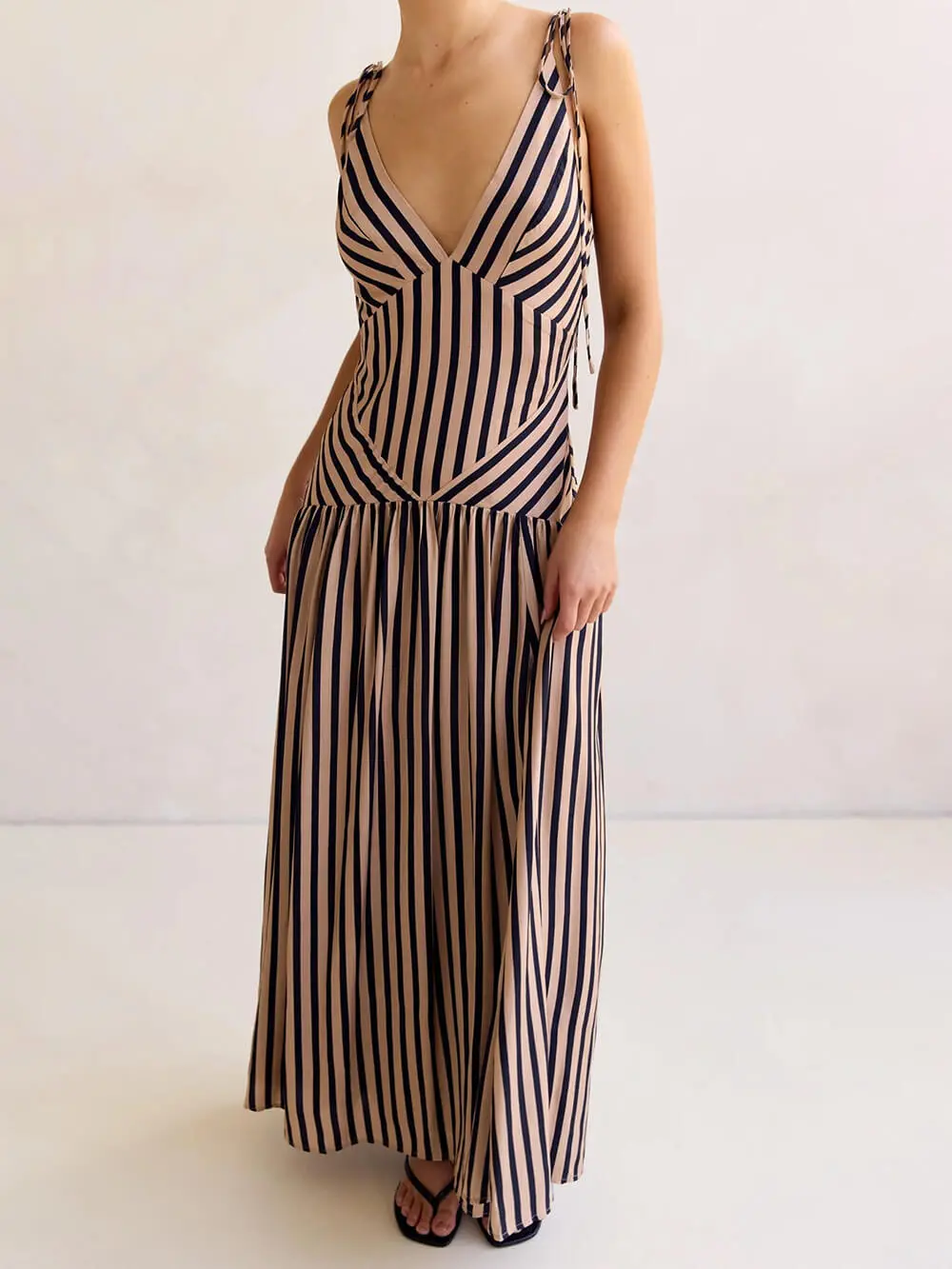 Stripe Print V Neck Maxi Dress