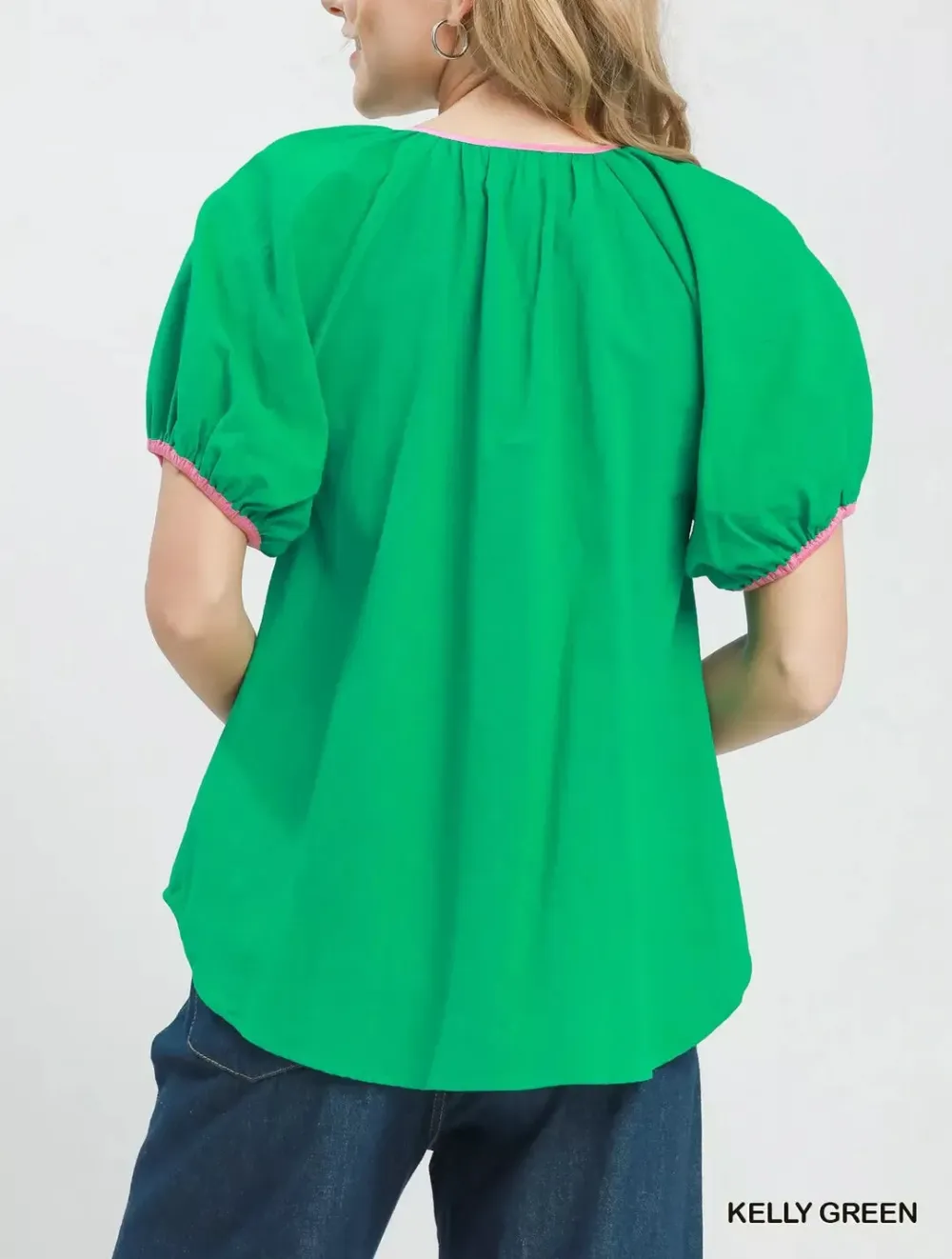 Contrast Trim Button-Front Puff Sleeve Blouse