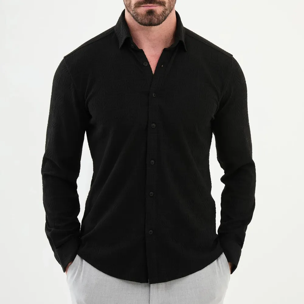 Textured Hidden Button Slim Cotton Shirt