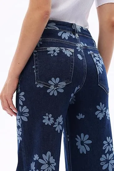 Mid-low Rise Baggy Jeans Stretchy Wide Leg for Women Distressed Pants