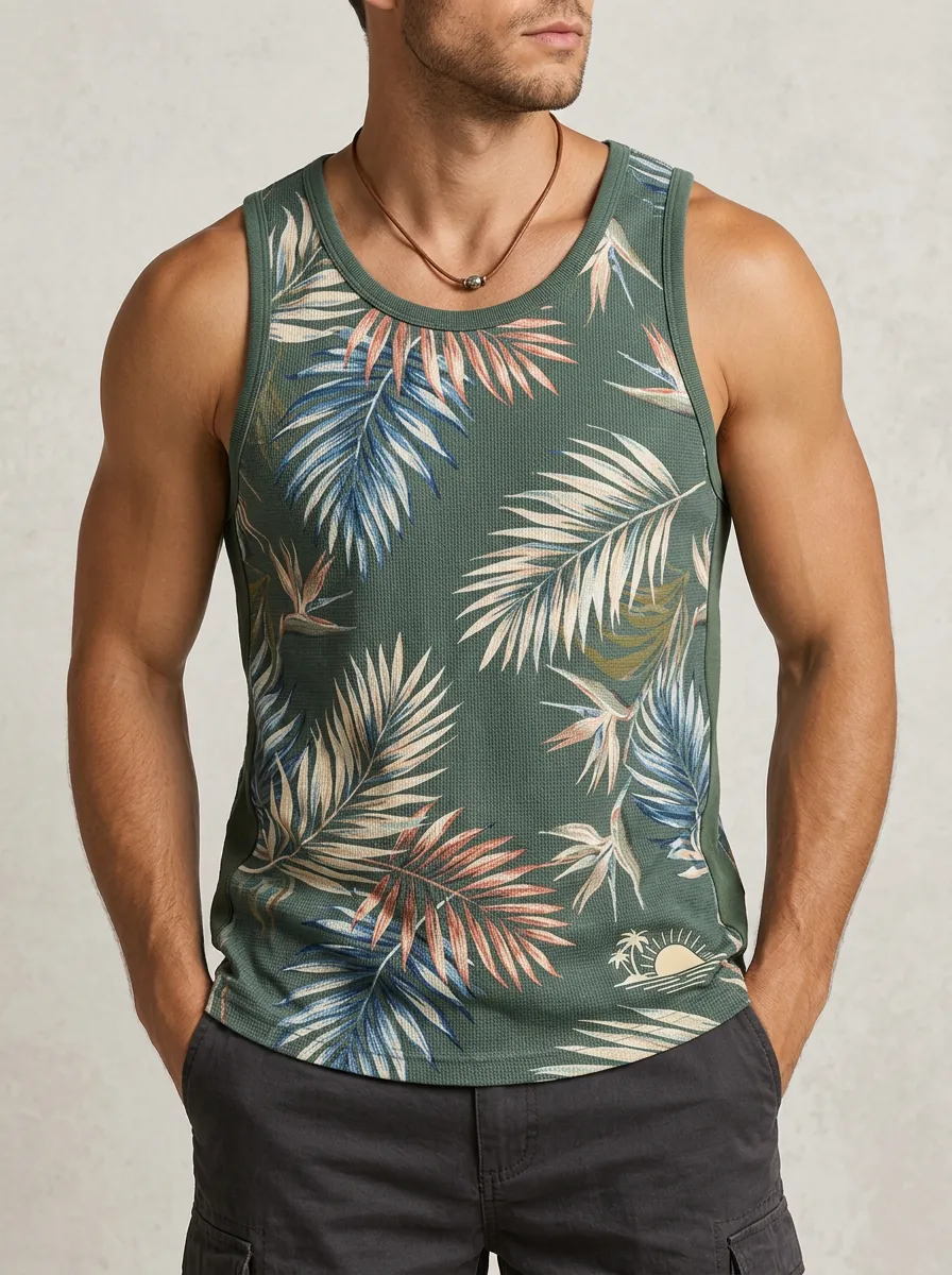 Men's Tropical Beach Lover Palm Leaf Printed Tank Top