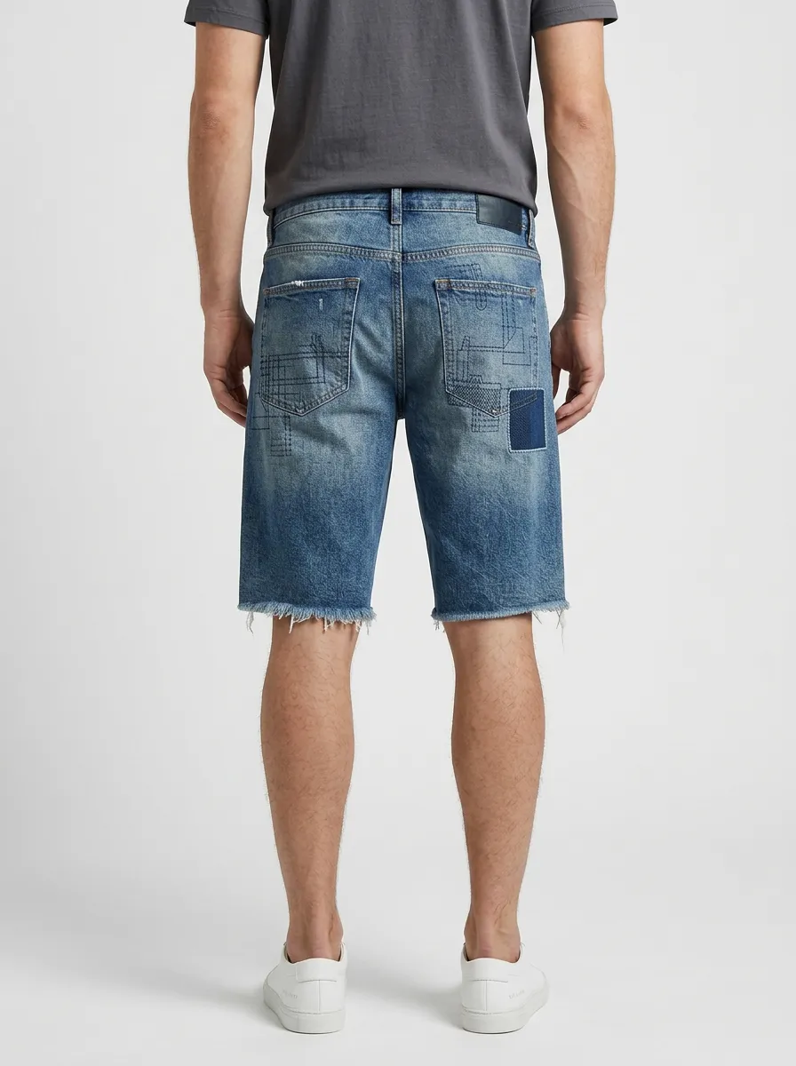 Men's Patchwork Raw Hem Distressed Denim Shorts