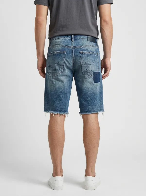 Men's Patchwork Raw Hem Distressed Denim Shorts
