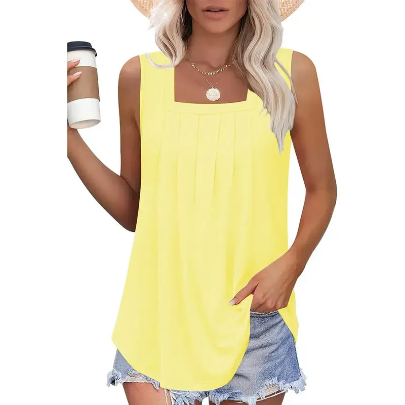 Summer Tank Tops for Women Loose Fit Pleated Square Neck Sleeveless Tops