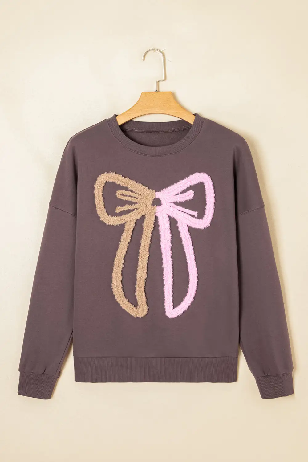 Bow Accent Drop Shoulder Contrast Trim Sweatshirt