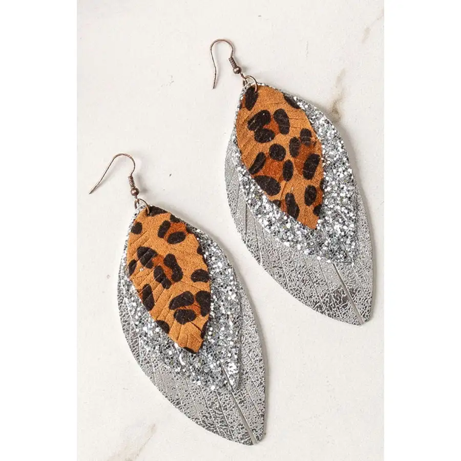 Tiered Fringed Leopard Leaf Earrings Silver Glitter