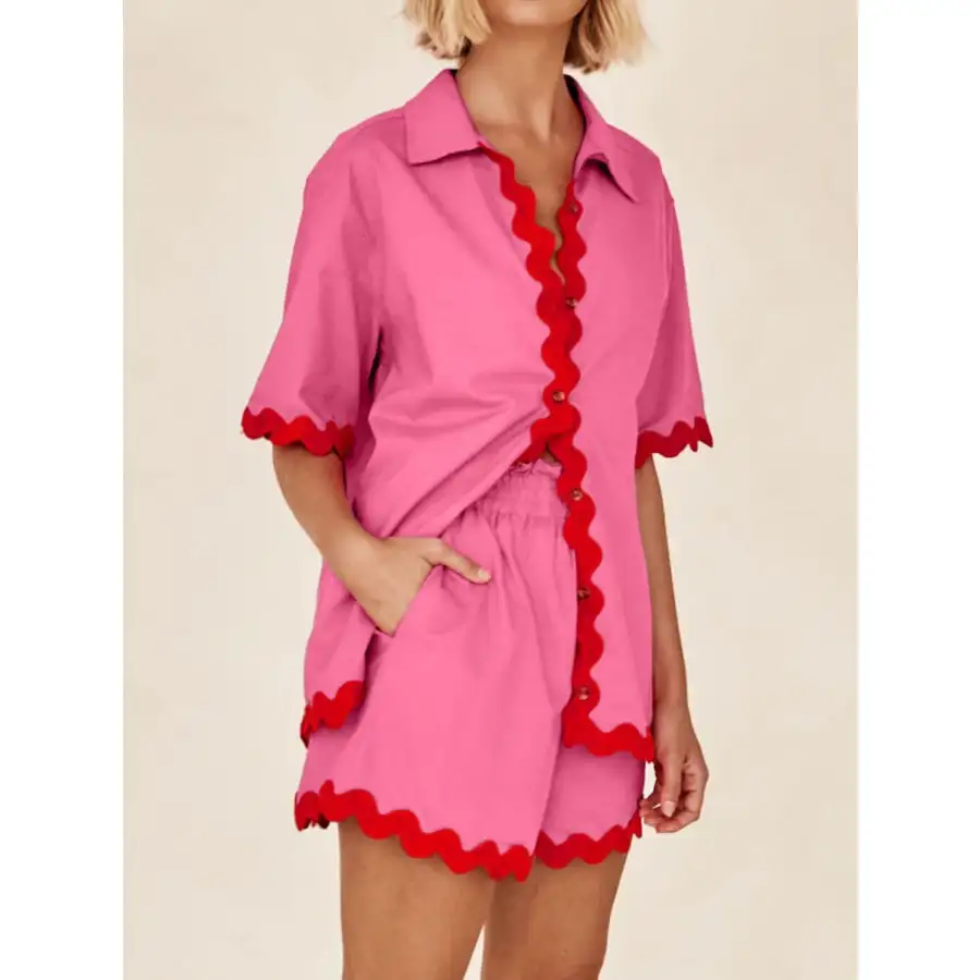 Soft Contrast Trim Half Sleeve Top and Shorts Set