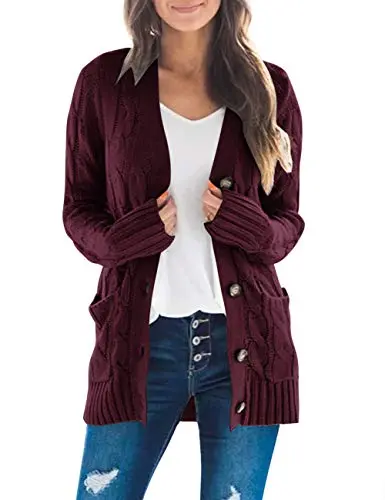 Women's Long Sleeve Cable Knit Sweater Open Front Cardigan Button Loose Outerwear