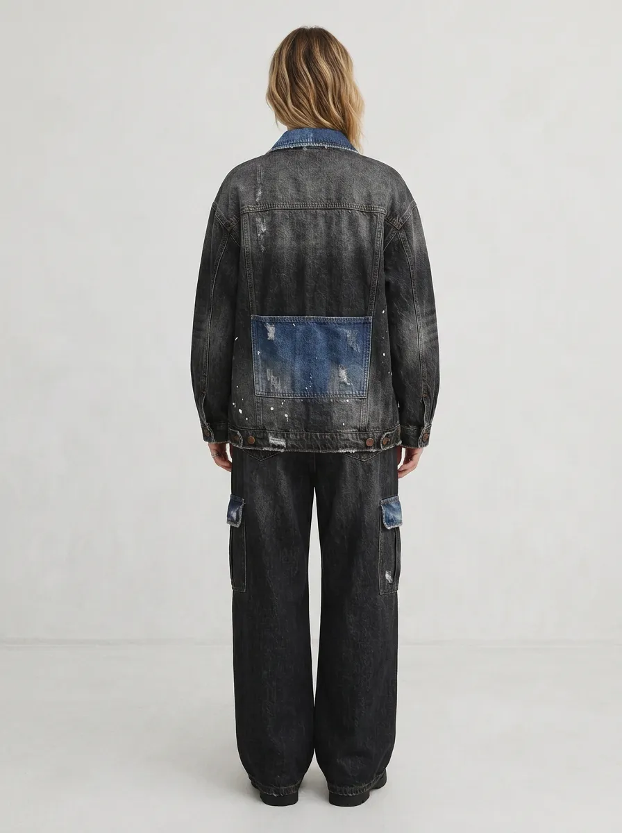 Women's Distressed Oversized Paint Splatter Denim Jacket