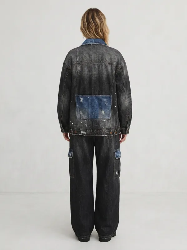 Women's Distressed Oversized Paint Splatter Denim Jacket