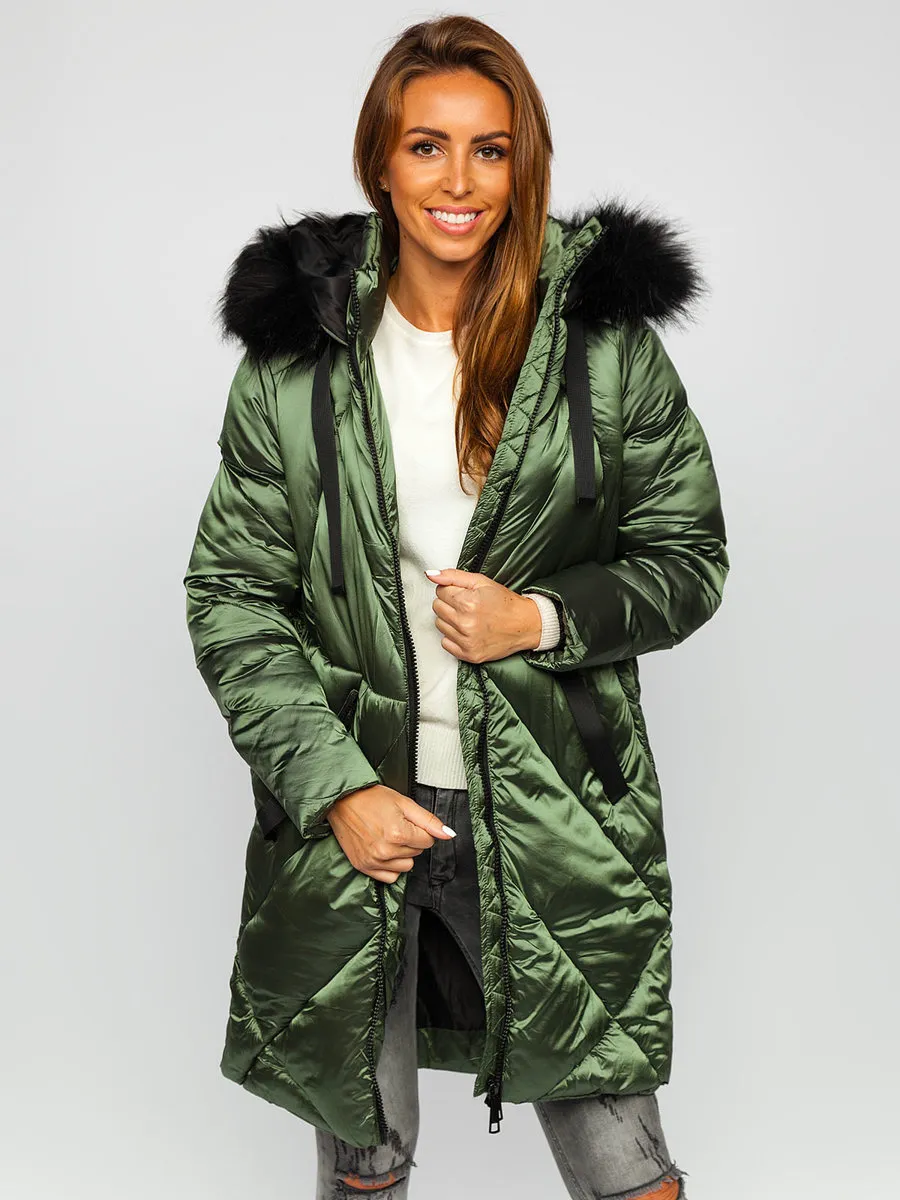 women's green quilted winter jacket with hood