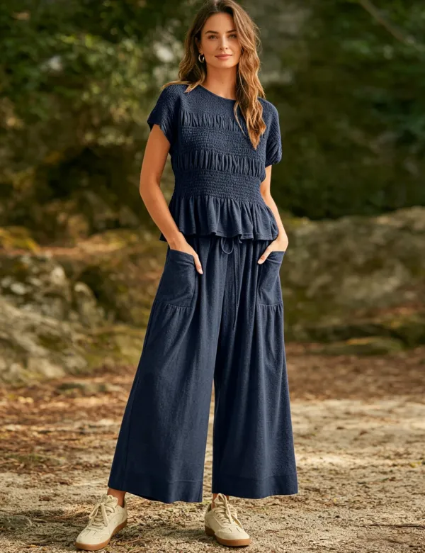 Women's 2-Piece Smocked Top and Wide-Leg Pants Set