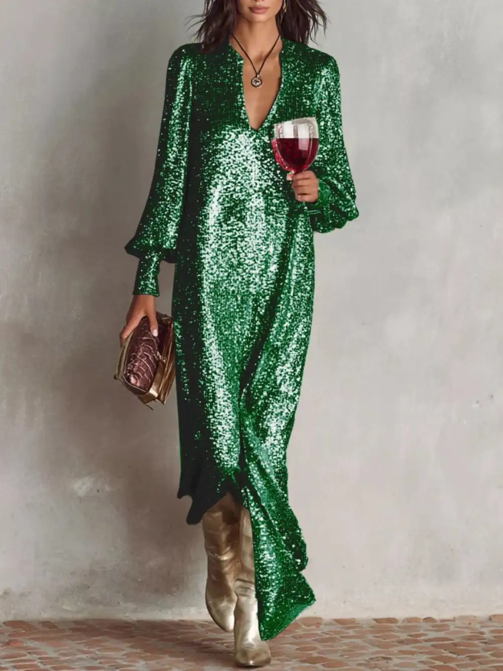Sequin Lantern Sleeve Maxi Dress