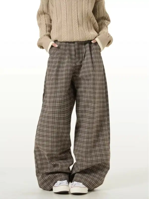Men's Wide Leg Plaid Casual Pants