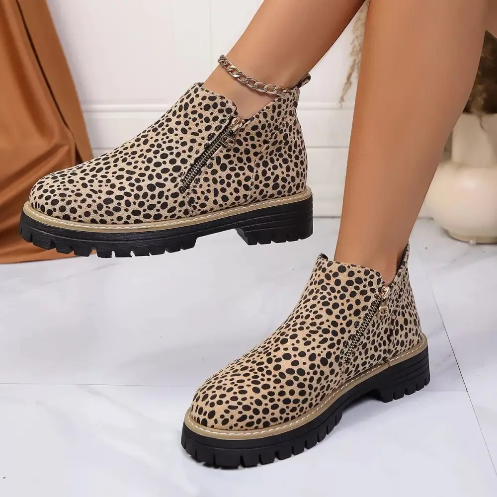 Leopard Print Ankle Boots with Zipper