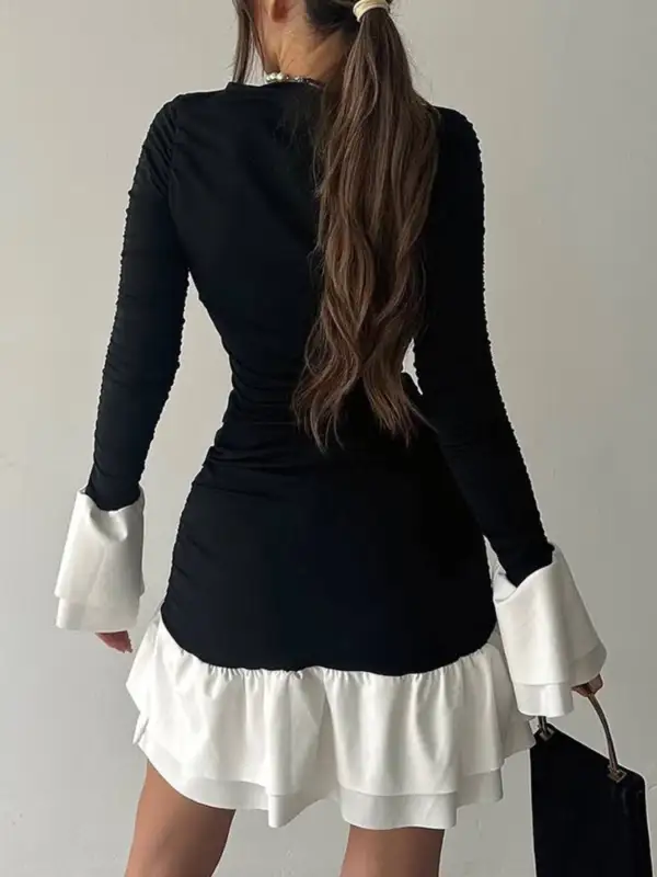 Polished Detail Ruffle Long Sleeve Mini Dress