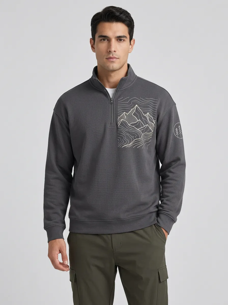 Men's Outdoor Hiking Mountain Line Art Printed Quarter Zip Sweatshirt