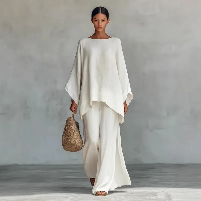 Boho Linen Summer Two-Piece Set – Wide Leg Pants & Batwing Top