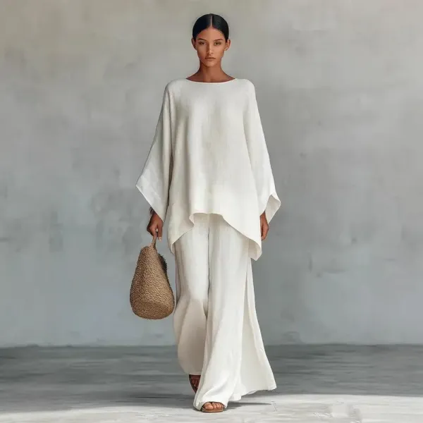 Boho Linen Summer Two-Piece Set – Wide Leg Pants & Batwing Top