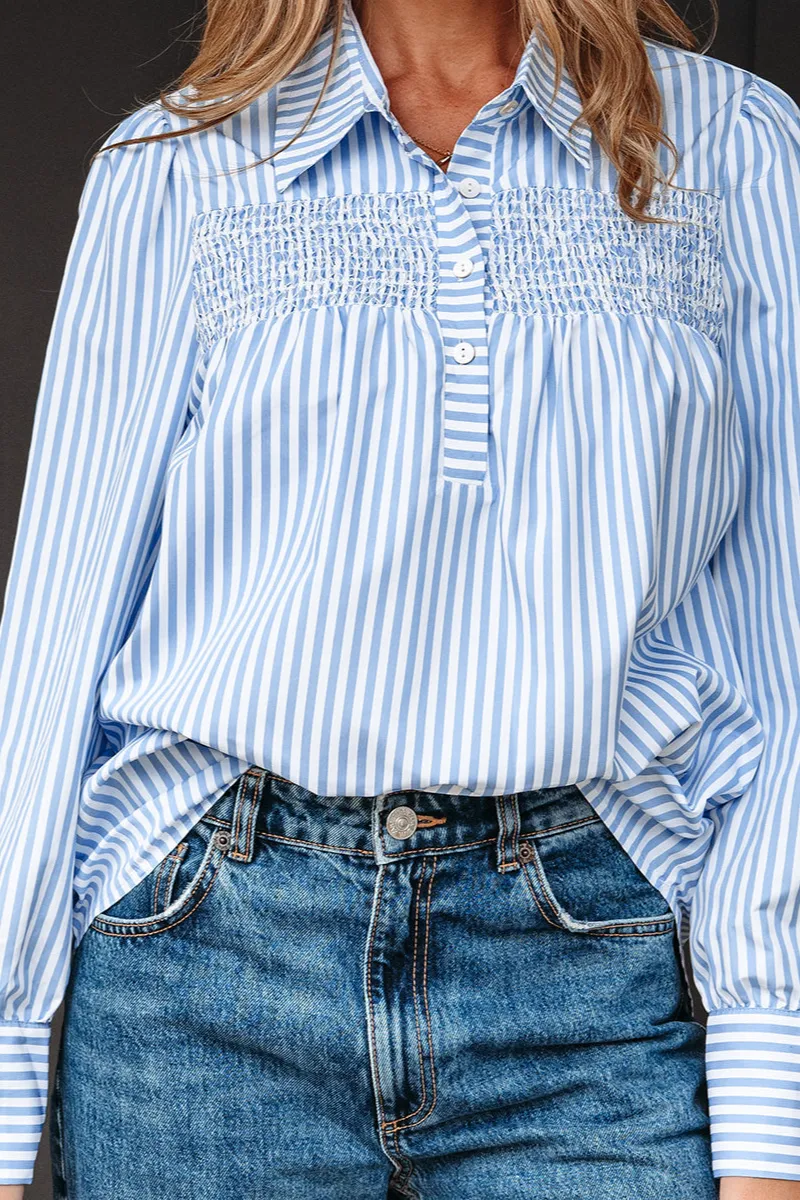 Striped Shirred Half Placket Blouse