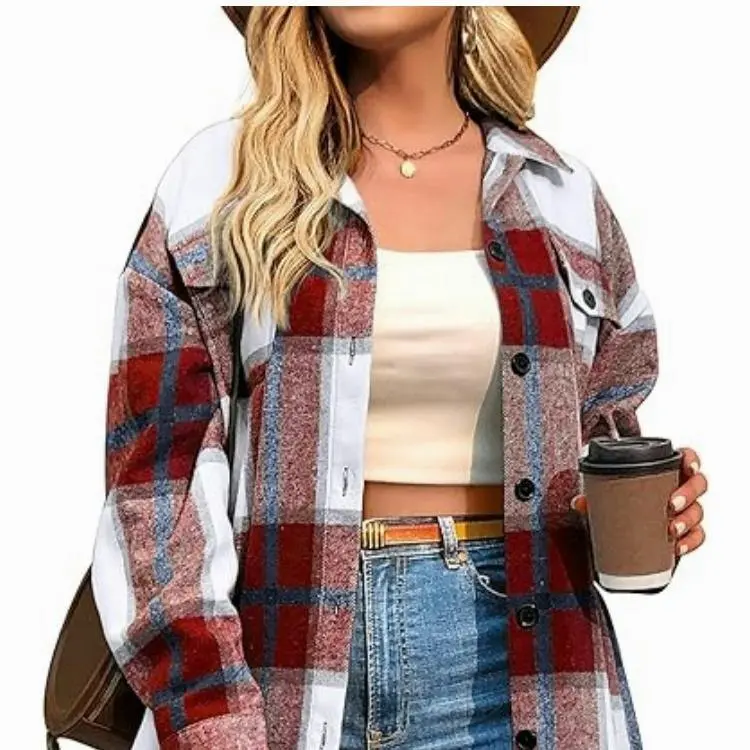 Women's Plus Size Shacket Jacket Flannel Plaid Long Sleeve Button Down Shirts Casual Fall Blouses Tops Winter Coats Winter Holiday