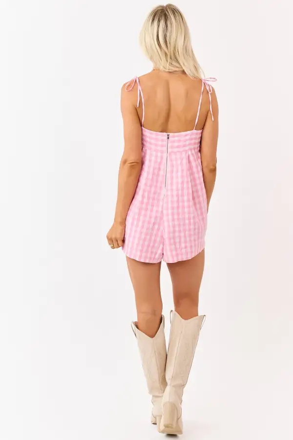 Punch Gingham Tie Strap Relaxed Romper
