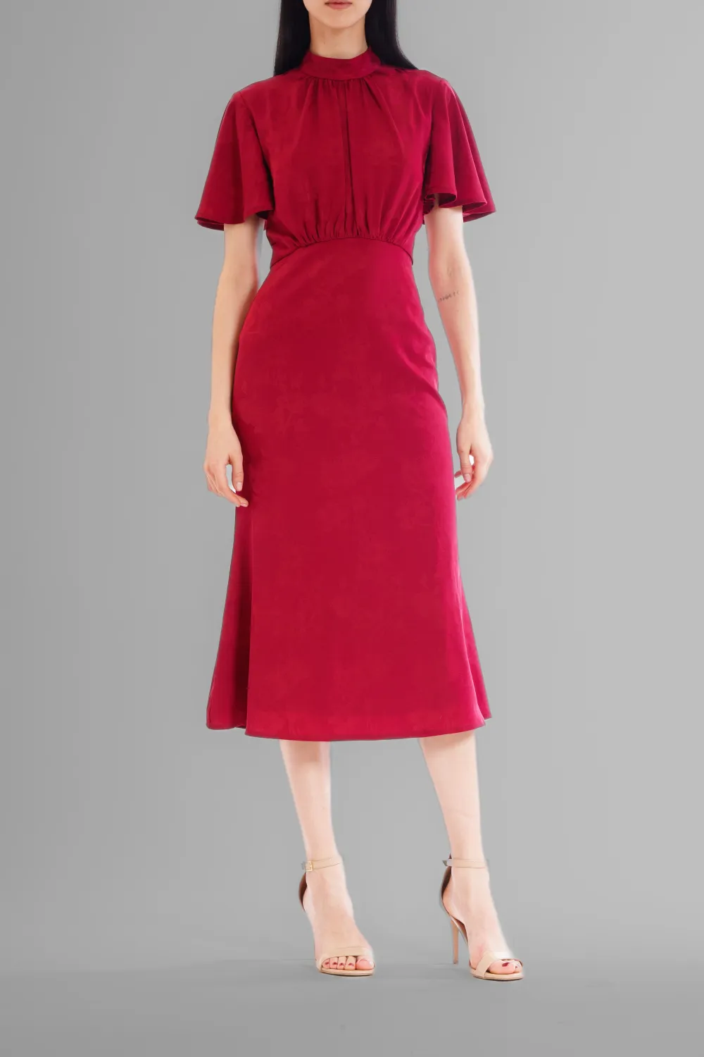 Flounce Sleeve Ruched Midi Dress