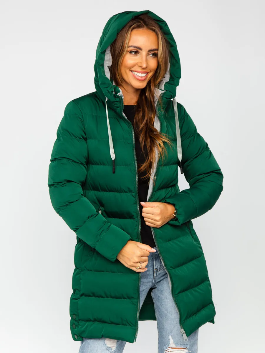 Green Women's Long Quilted Winter Jacket With Hood