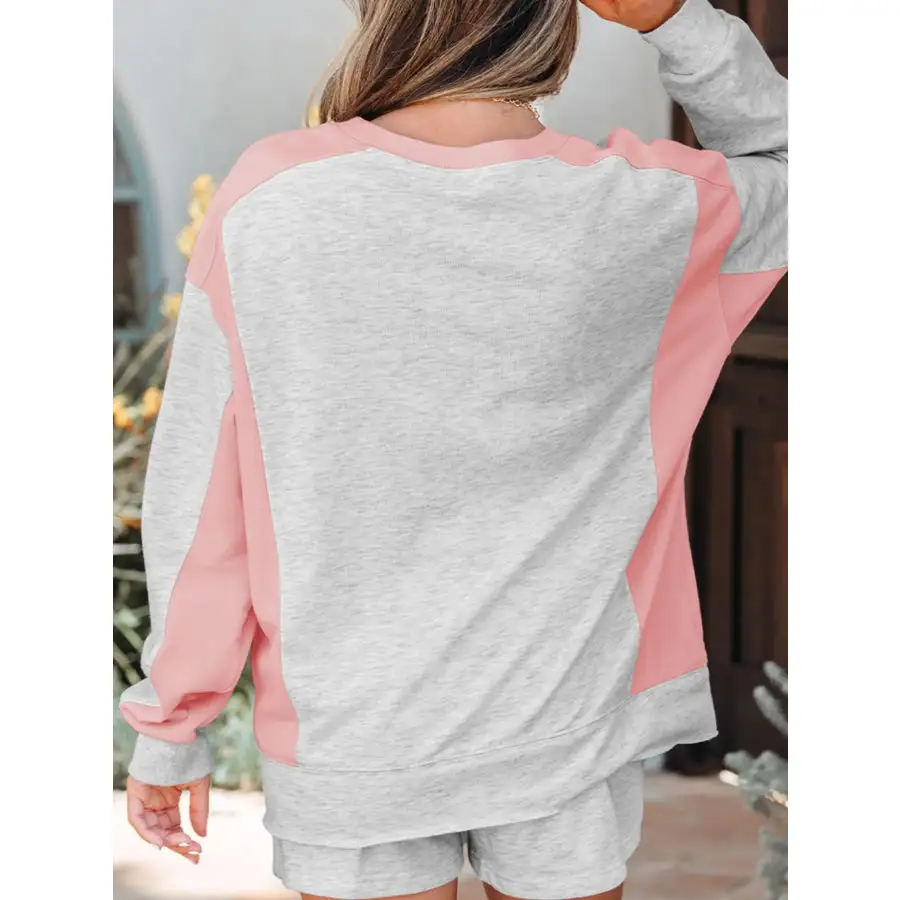 Block Long Sleeve Sweatshirt and Shorts Set