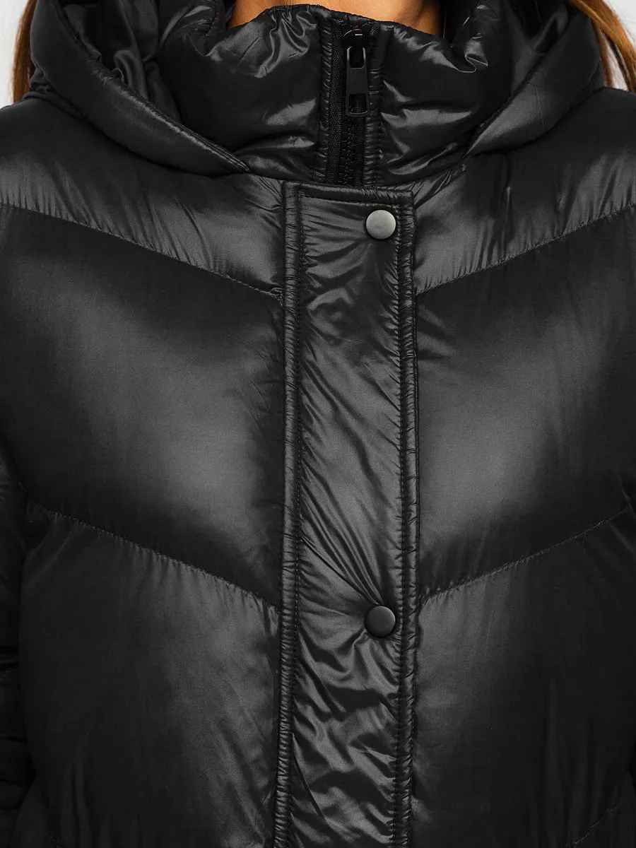 women's black quilted winter jacket with hood