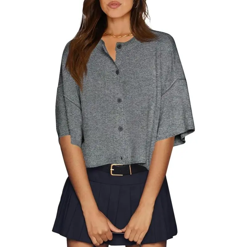Womens Half Sleeve Cardigan Sweaters Cropped Button Down Tops Oversized Lightweight Ribbed Knit Summer Outfits