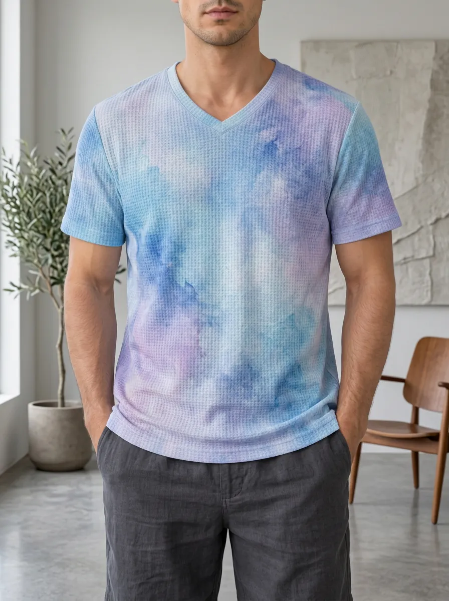 Men's Blue Purple Watercolor Waffle Knit Printed V-Neck T-Shirt