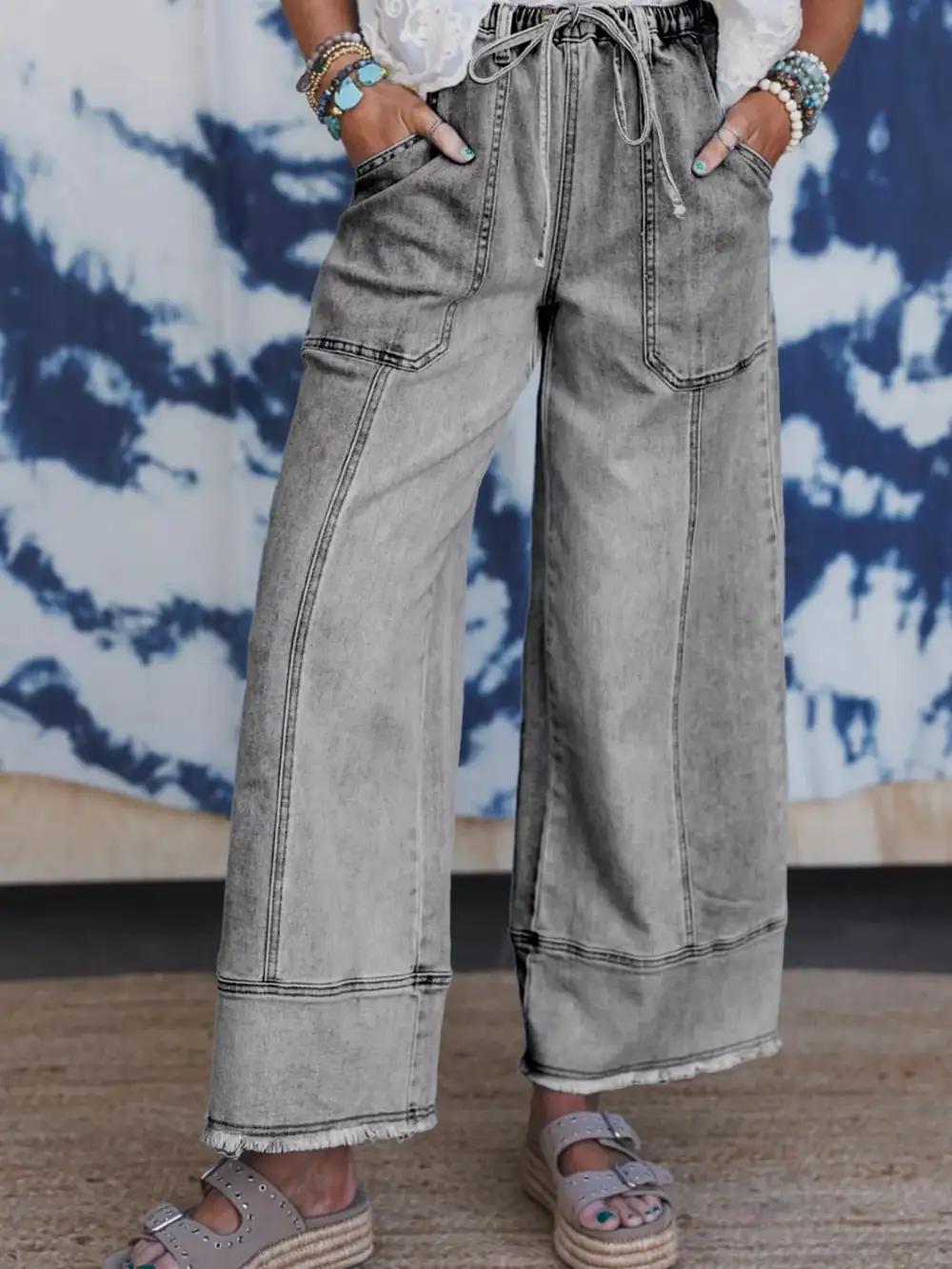 Drawstring Raw Hem Wide Leg Jeans