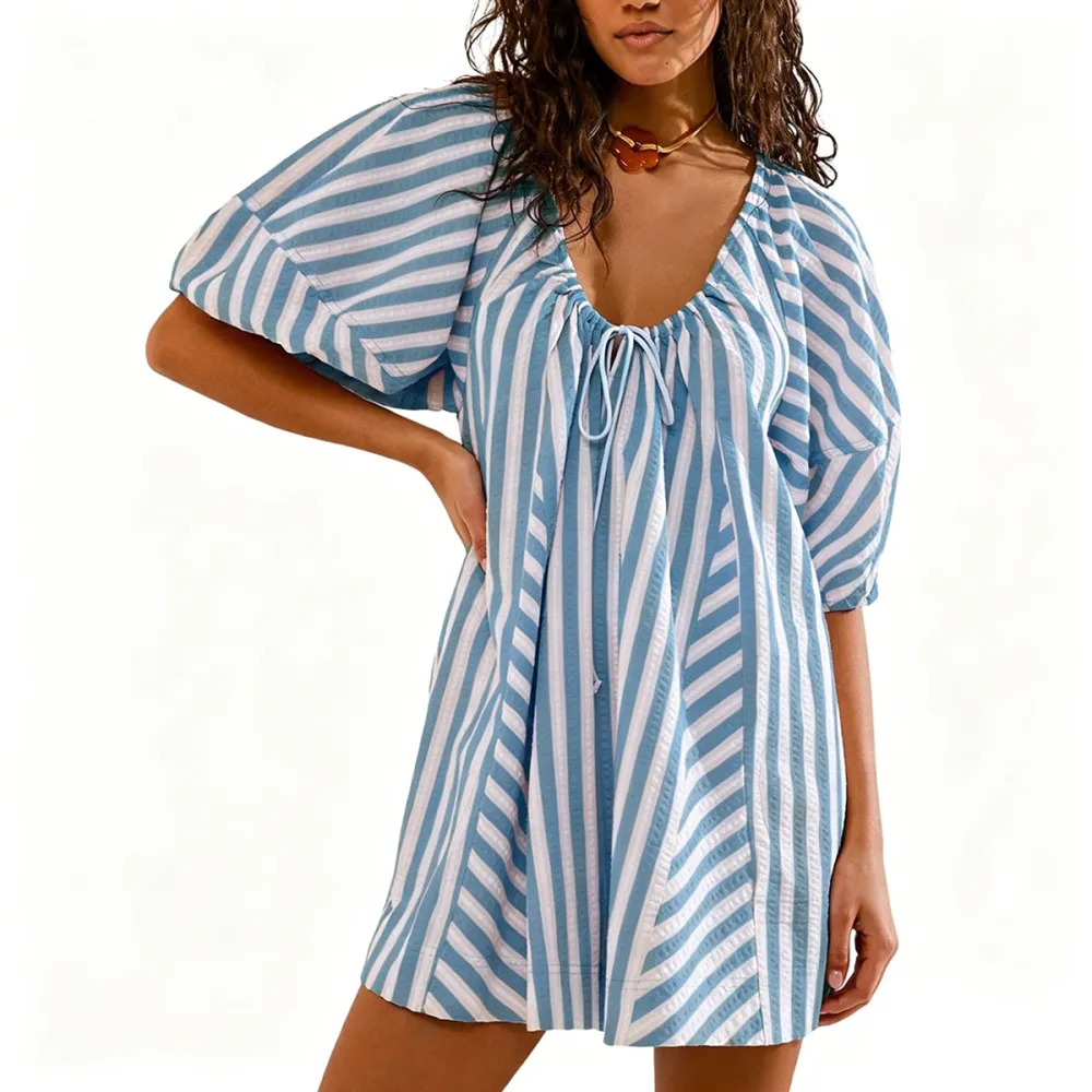 Womens Striped Romper Casual Loose Puff Sleeve Wide Leg Jumpsuit