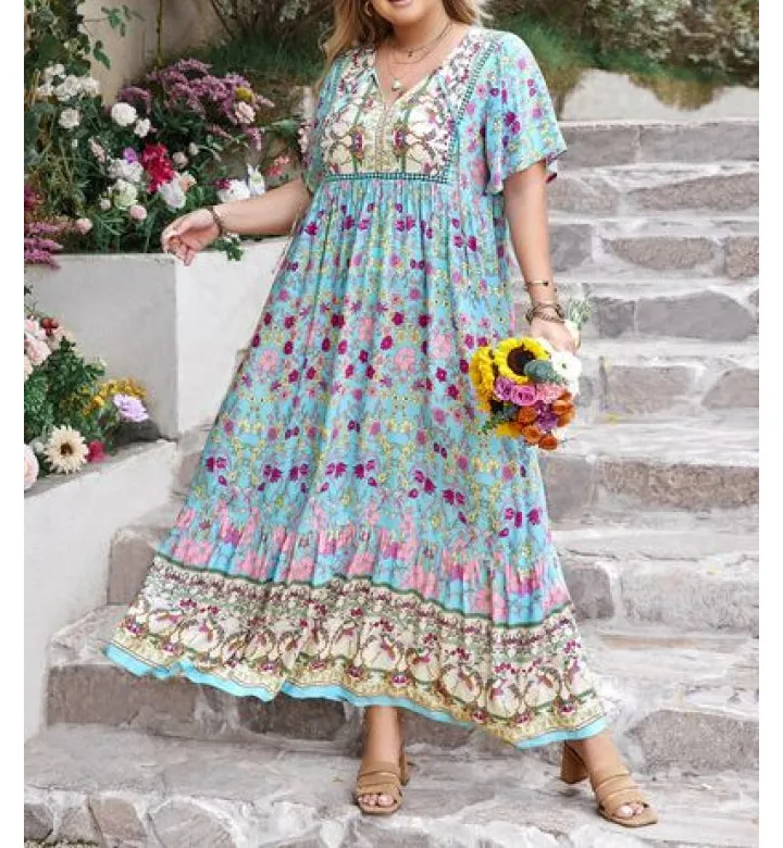 Everyday Plus Size Printed Tie Neck Flutter Sleeve Maxi Dress