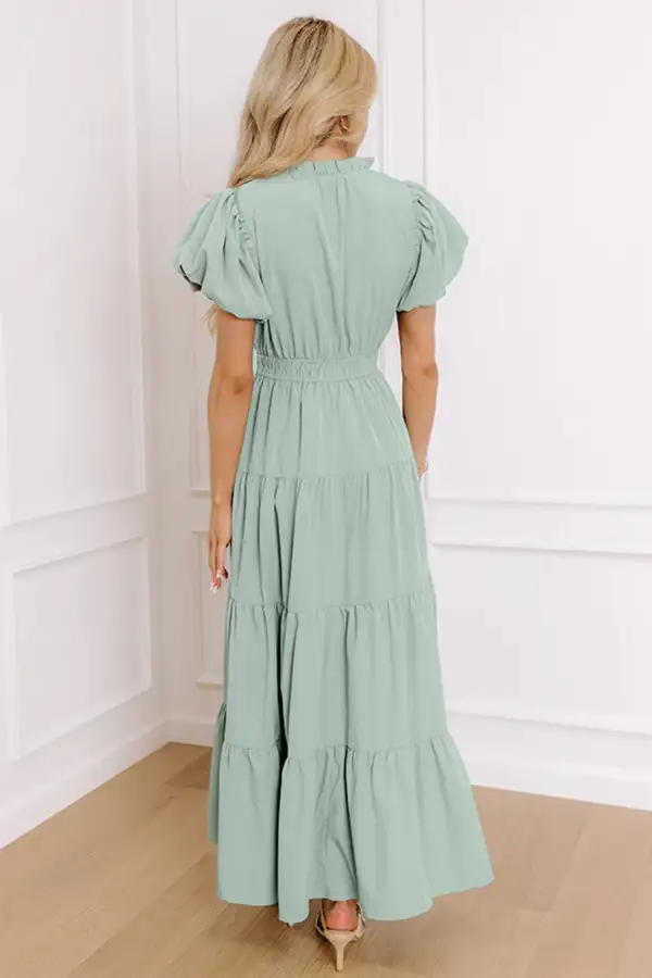V Neck Tiered Puff Sleeve Maxi Dress