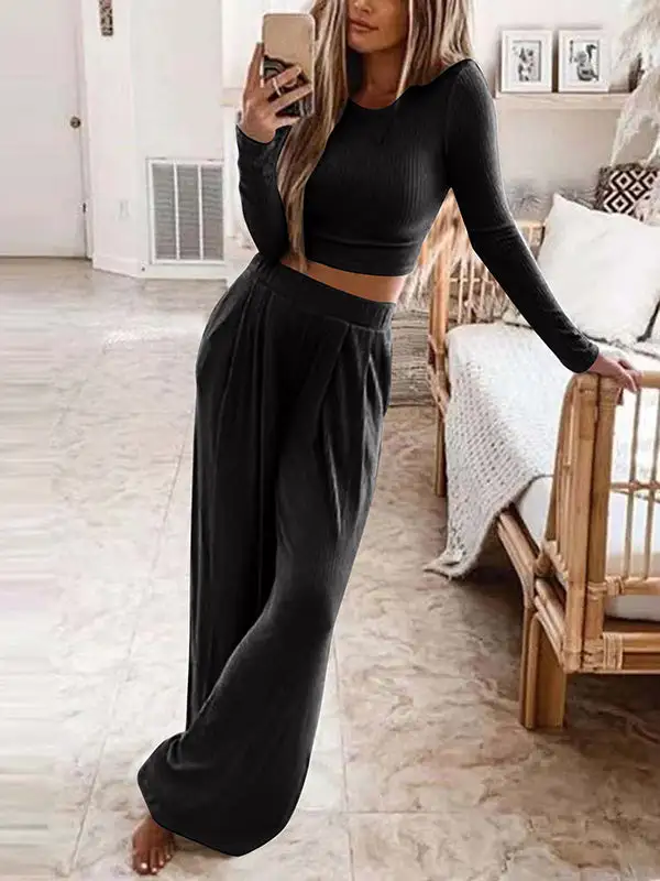 Round Neck Long Sleeve Blouse And Pants Set