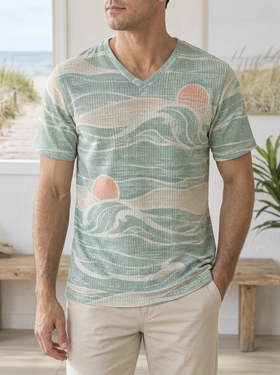 Men's Layered Beach Lover Ocean Wave Sunset V-Neck T-Shirt